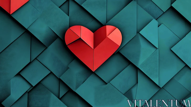 Red geometric heart shape centered on teal angular tile pattern