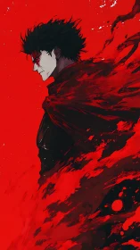 Side-profile vigilante in dissolving red cloak, high contrast
