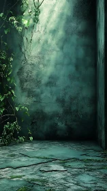 Verdant lightfall in a forgotten emerald concrete corner.