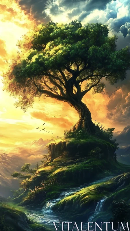 Fantasy landscape with luminous world tree on cliff at dawn.