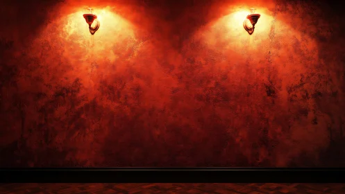 Moody red textured wall with twin sconces and low key lighting.