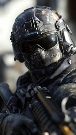 Armored special ops soldier aims rifle in tense standoff