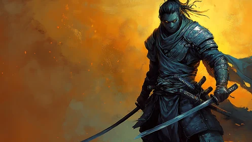 Armored swordsman stands before a glowing orange backdrop