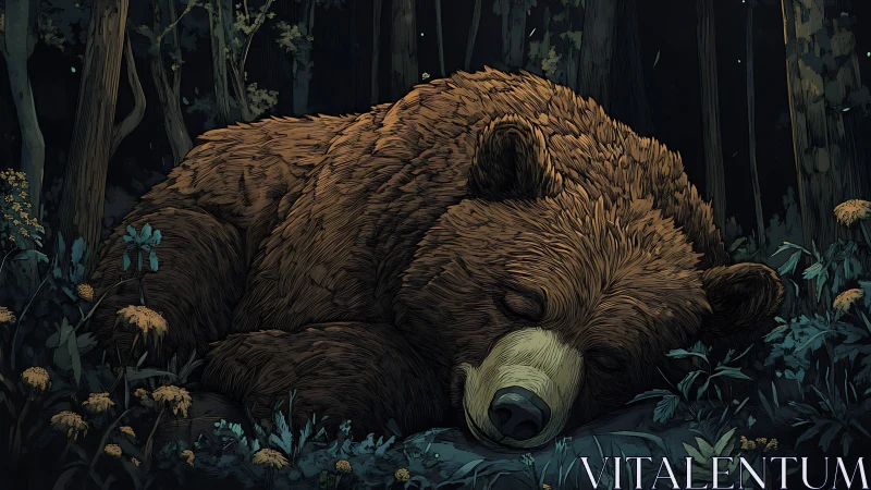 Sleeping forest bear under cool moonlit woodland canopy.