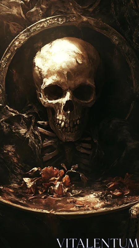 Luminous skull crowns a macabre altar of withered flowers