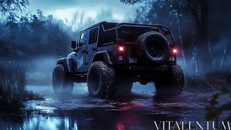 Off-road night drive with a rugged jeep in misty wetlands.