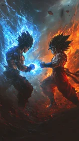 Opposed warriors channel converging blue and orange energy cores