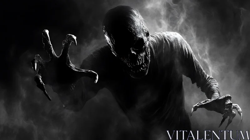 Skeletal shadow creature reaches forward through swirling smoke