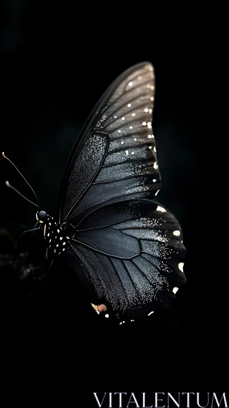 Black butterfly wings glow with silver speckled light.