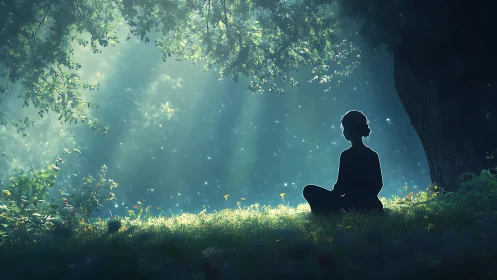 Tranquil woman meditating in magical sunlit forest, digital art.