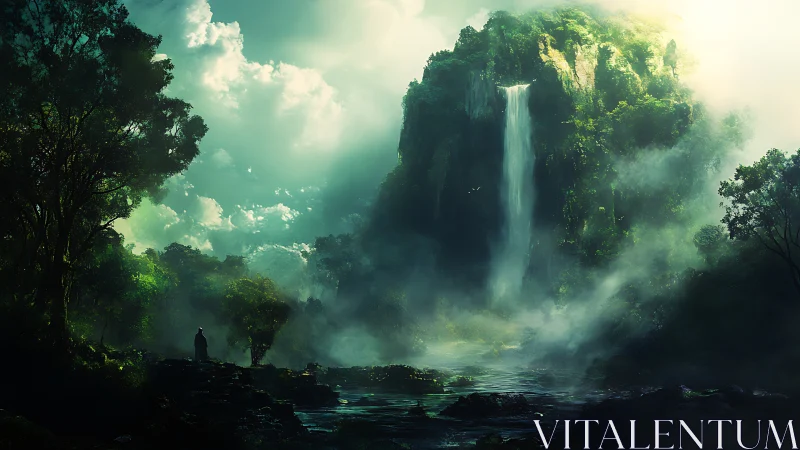 Mystic jungle waterfall beneath stormlit emerald cliffs.