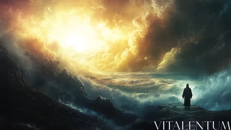 Backlit robed figure observes turbulent ocean under eruptive sky