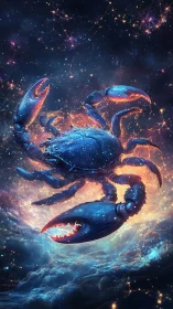 Cosmic blue crab with glowing claws in starry nebula.