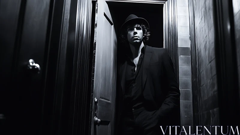 Man in doorway wearing hat in moody black and white.
