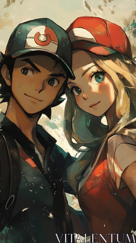 Two anime trainers pose closely in painterly portrait style