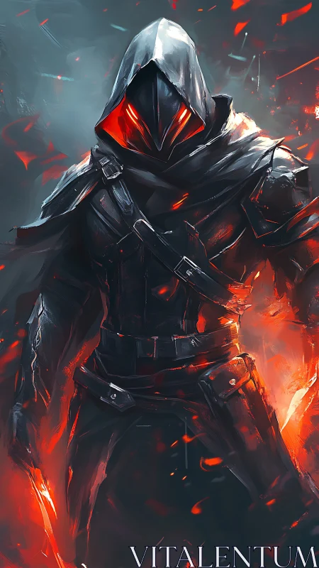 Hooded infernal assassin amid swirling ember storm.