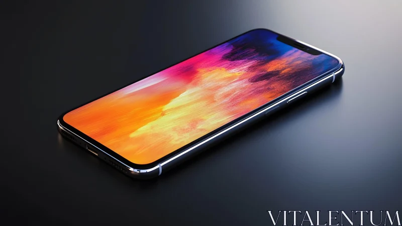 Modern smartphone with vibrant abstract display on dark surface.