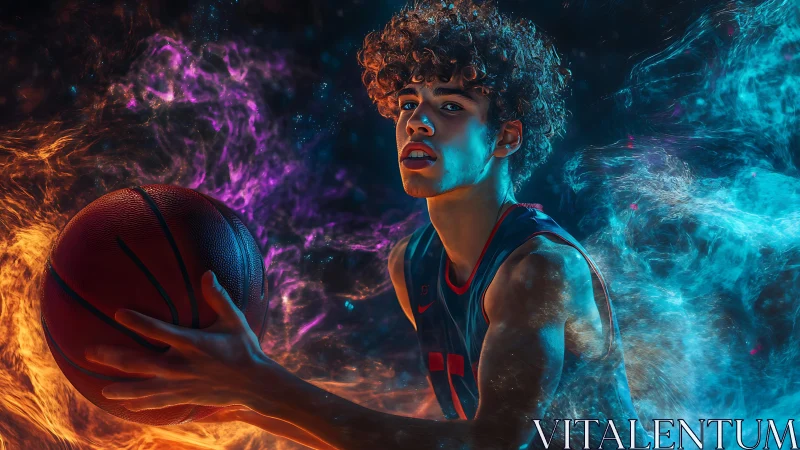 Basketball guard drives through fiery blue energy storm.