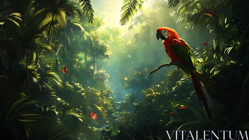 Scarlet macaw in volumetric-lit rainforest canopy study.
