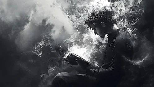 Storm-dream reader adrift in swirling monochrome magic.