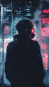 Cyberpunk lone operative in neon vapor grid, rear perspective.