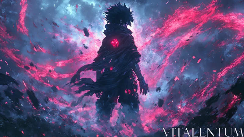 Silhouetted figure stands amid luminous pink energy vortex