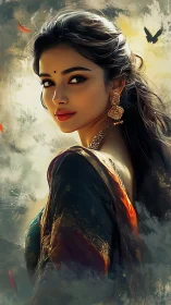 Elegant woman in traditional attire turns through painted light