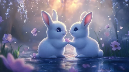 Two white rabbits sit facing each other in a glowing meadow