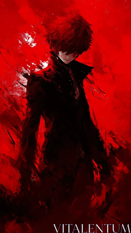 High-contrast anime silhouette in abstract crimson field.