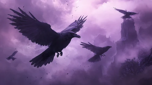 Dark fantasy ravens in violet mist over ruined citadel.
