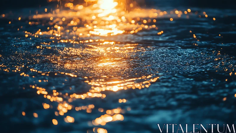 Raindrops strike wet ground under strong warm backlighting