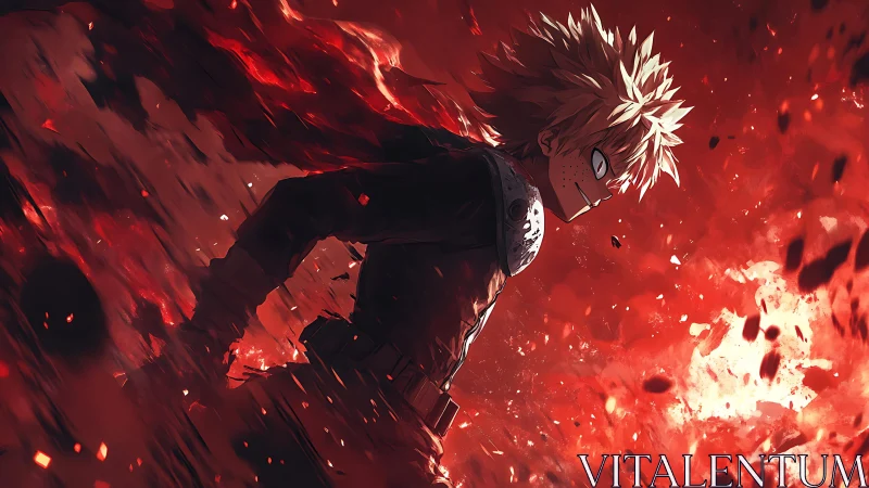 Explosive anime hero strides through incandescent debris field