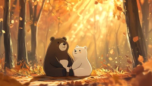 Cartoon bears sit together in a warm autumn forest scene.