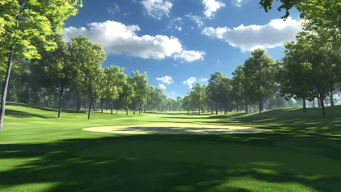 Tree-lined golf fairway stretches under bright midday sky