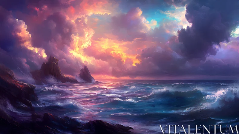 Dreamy stormlit shoreline where vivid waves meet skyfire.