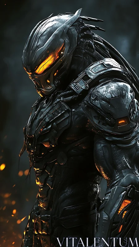 Armored biomechanical warrior with illuminated visor standing.