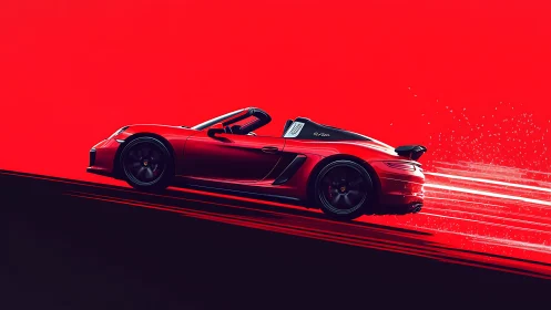 Crimson roadster rockets through neon-slick twilight hills.