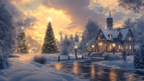 Cozy winter cottage glowing with peaceful holiday magic.