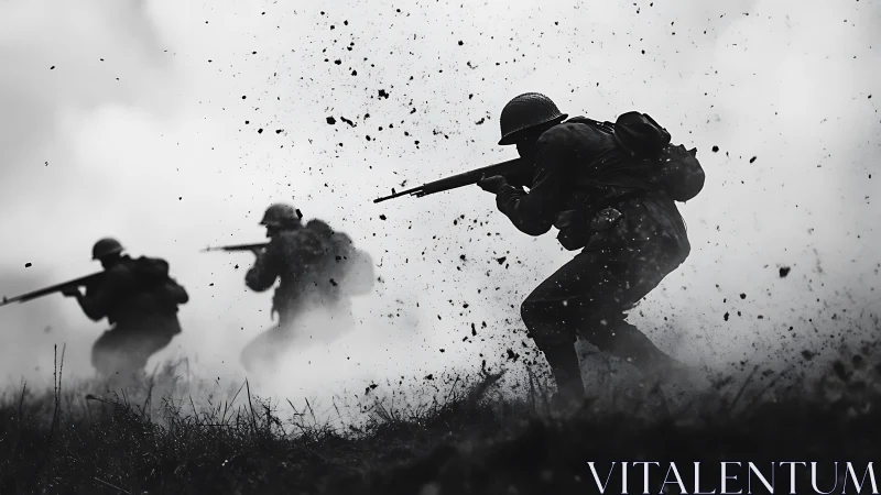 Infantry silhouettes advance through explosive battlefield dust.