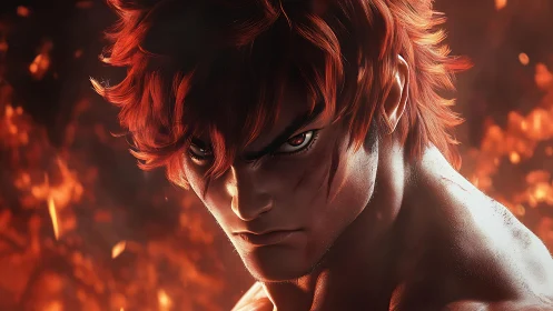 Ember-eyed warrior prince glaring through molten fury.