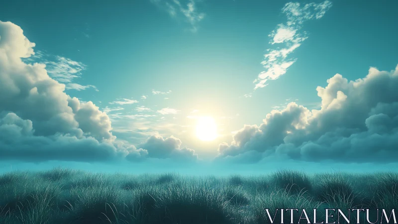 Sunlit horizon intersects low grassland under dense clouds