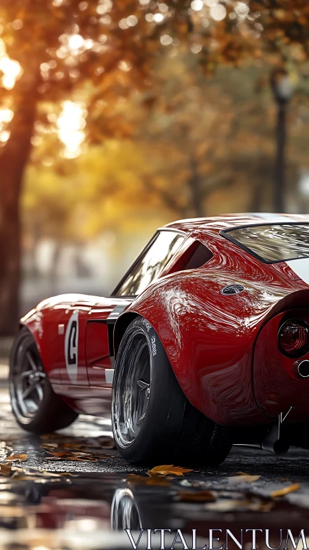 Autumn-lit rear three-quarter study of red racing coup&eacute; render.