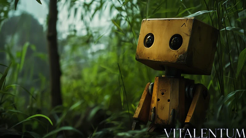 Curious little robot resting quietly in a lush green forest.
