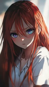 Red haired anime girl with violet eyes in soft daylight.