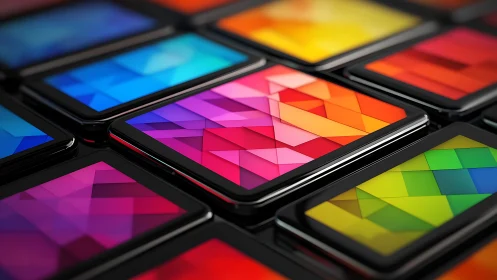 Array of digital tablets with multicolor geometric displays.
