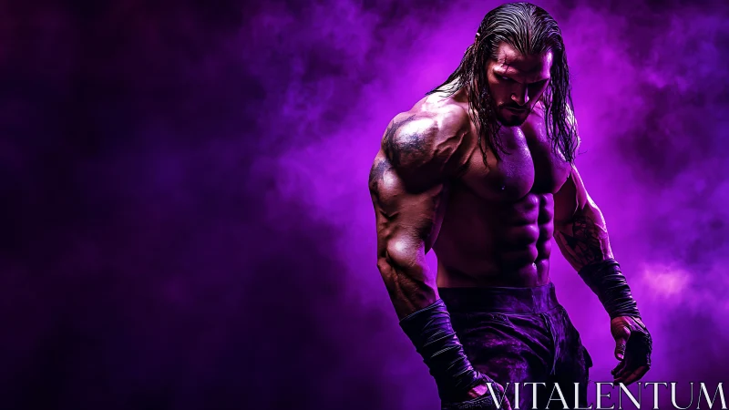 Intense muscular warrior stands in dramatic purple smoke.