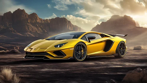 Yellow supercar stands on desert plain with rocky mesas behind