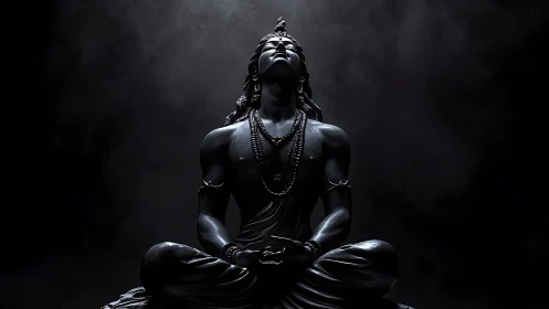 Serene meditating deity statue emerges from dramatic shadow