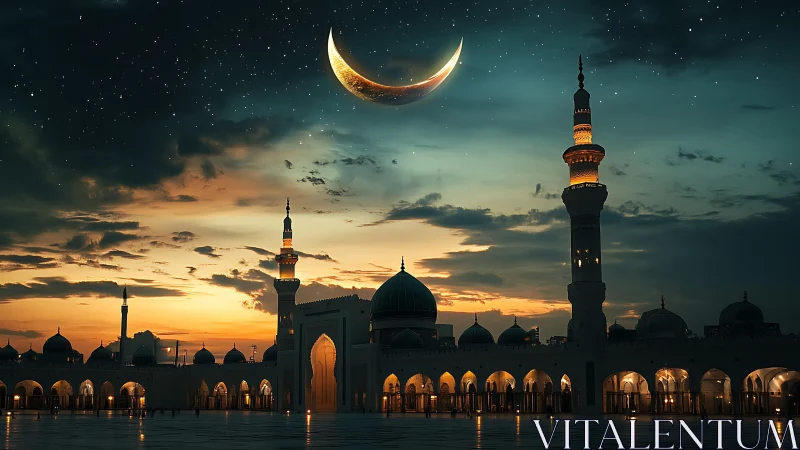 Crescent moon over illuminated mosque at dramatic dusk sky.