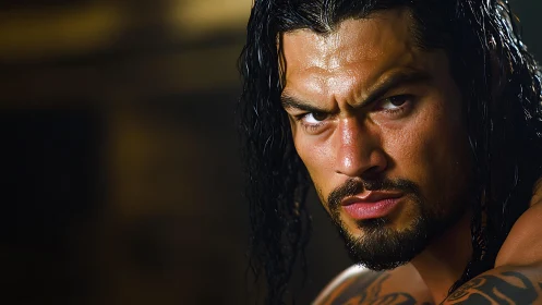 Close cropped portrait of intense male with wet dark hair.